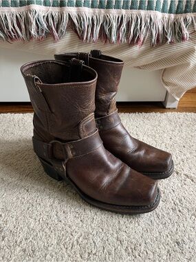 Frye Vintage Brown Leather Moto Harness 8R Boots (Womens size 7)